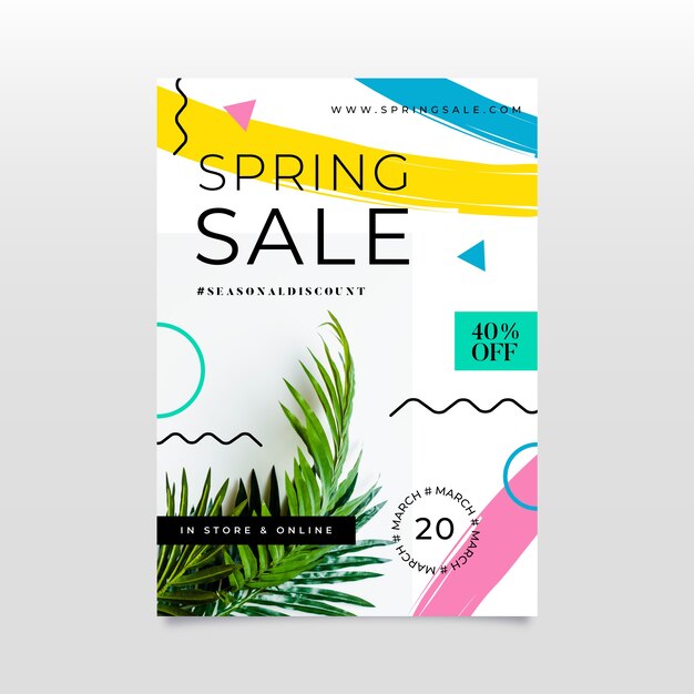 Vettore gratuito volantino di vendita di primavera design piatto con foto