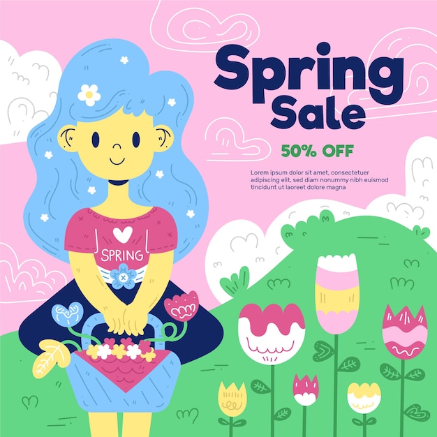 Free vector flat design spring sale lettering with cute illustration of girl gardening