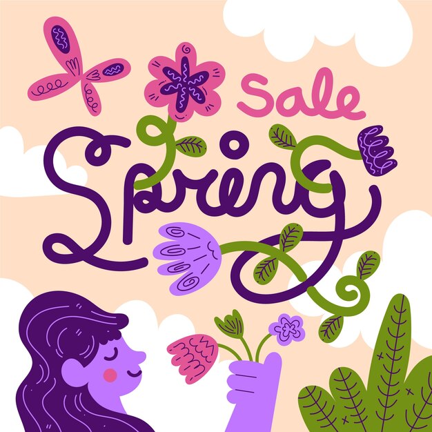 Flat design spring sale lettering with cute illustration