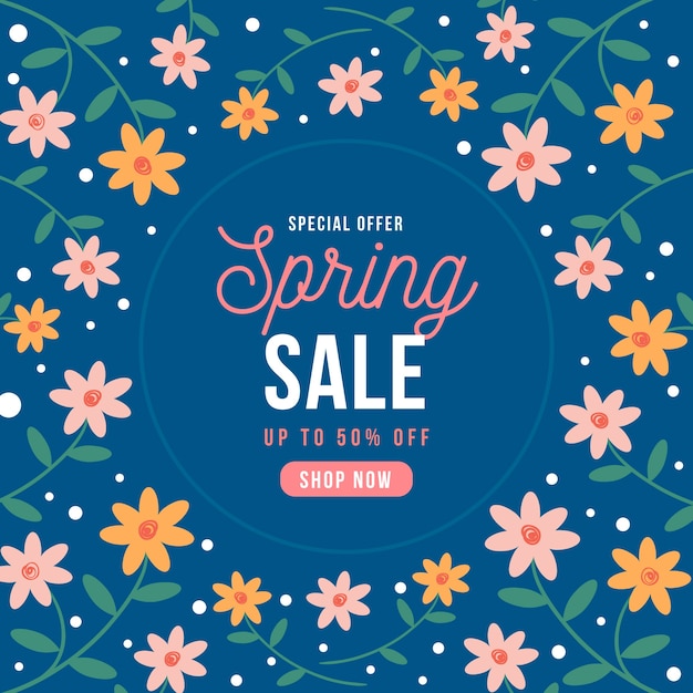 Flat design spring sale with ditsy colourful flowers