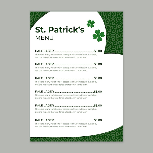 Flat design st. patrick's day menu template