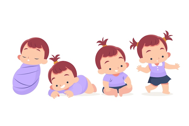 Flat design stages of a baby girl illustration