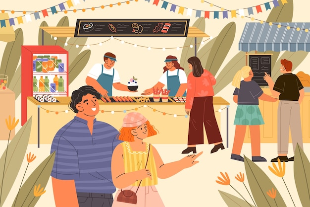 Flat design street food market illustration