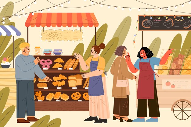 Flat design street food market illustration