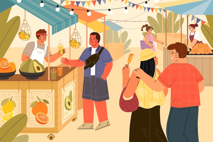 무료 Vector 평면 디자인 길거리 음식 시장 그림