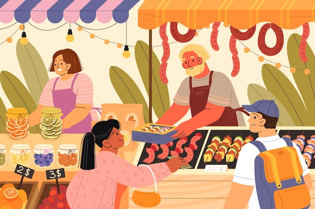 Flat design street food market illustration