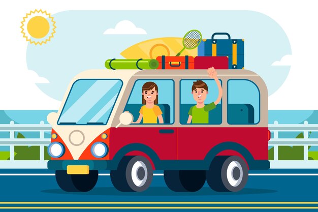 フラットなデザインの夏の車のイラスト