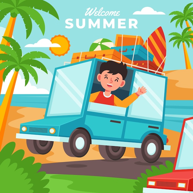 Flat design summer car illustration