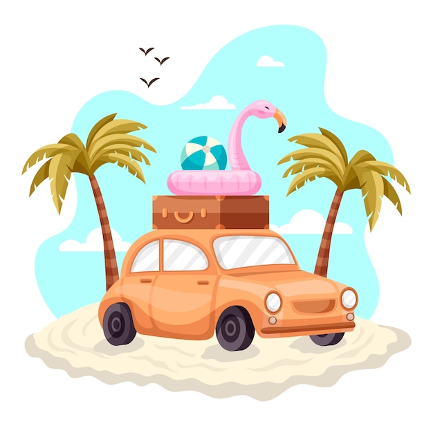 フラットなデザインの夏の車のイラスト