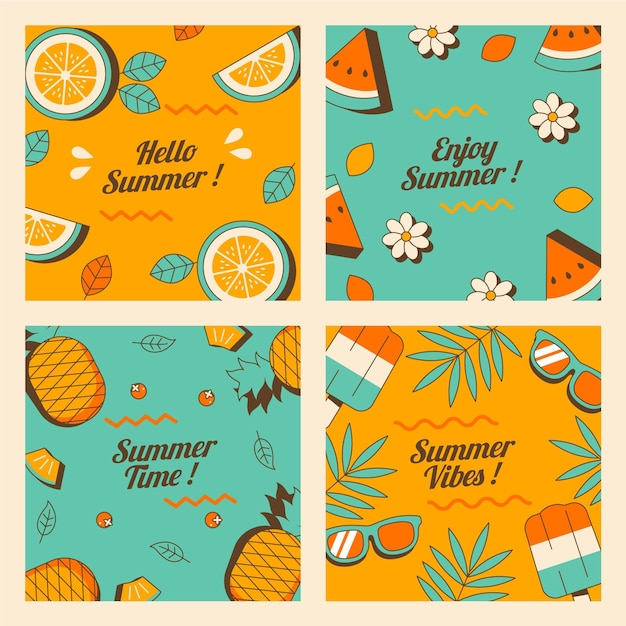 Плоский дизайн коллекции летних открыток