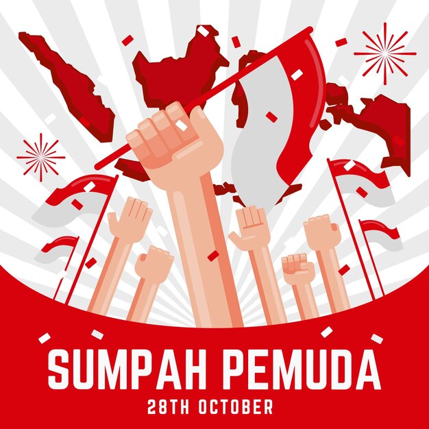 Flat design sumpah pemuda background with hands and flags