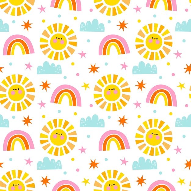 Free vector flat design sun, rainbow and clouds pattern