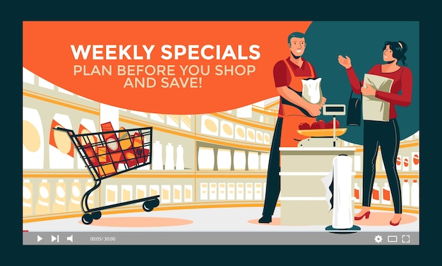 Бесплатное векторное изображение Миниатюра youtube супермаркета плоского дизайна