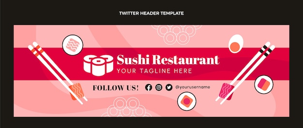 Vettore gratuito intestazione di twitter del ristorante di sushi di design piatto