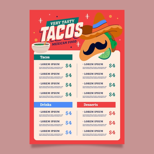 Vettore gratuito design piatto del menu di taqueria