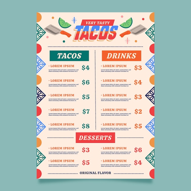 Vettore gratuito design piatto del menu di taqueria