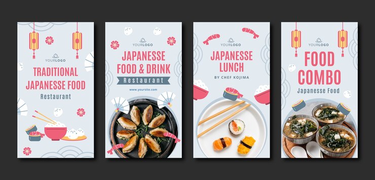 Бесплатный Вектор набор рассказов instagram вкусной азиатской еды в плоском дизайне