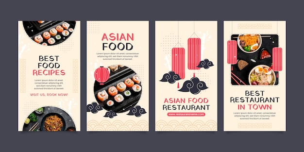 Free vector flat design tasty asian food instagram stories