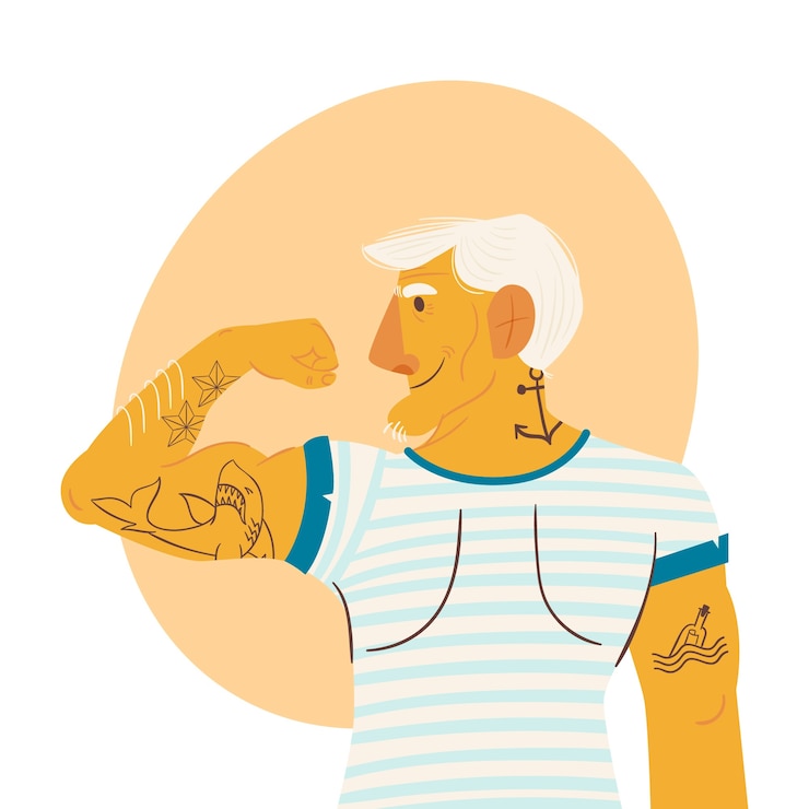 무료 Vector 평면 디자인 문신 노인 그림