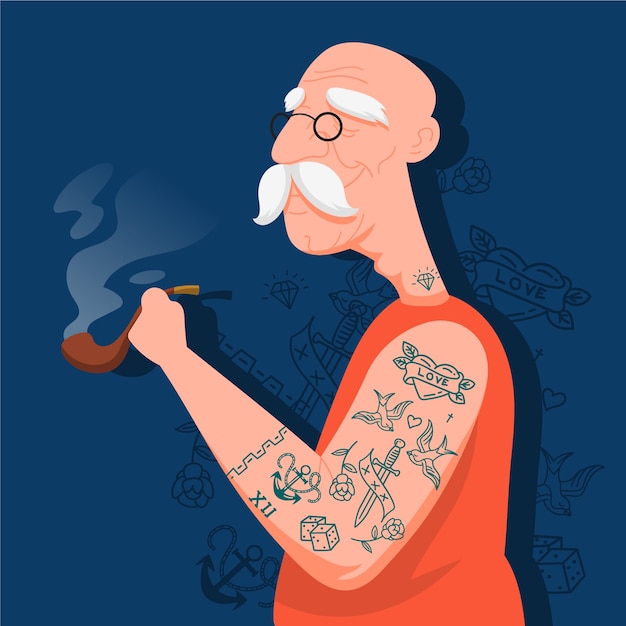 Flat design tattooed old people illustration