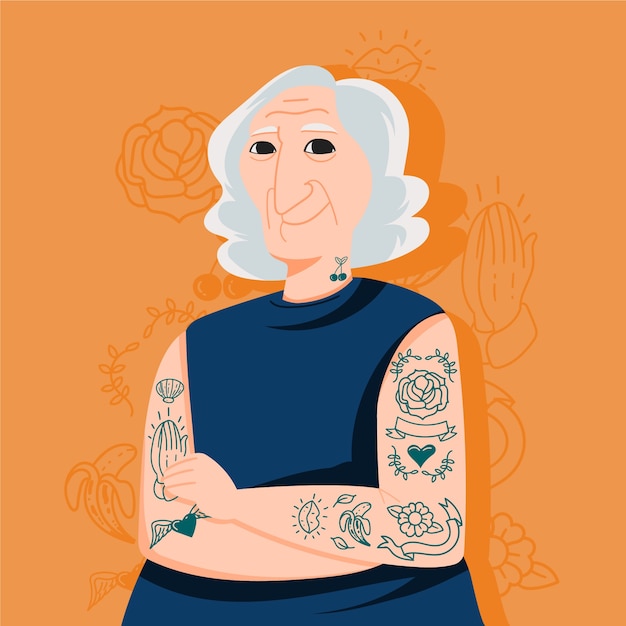 Flat design tattooed old people illustration