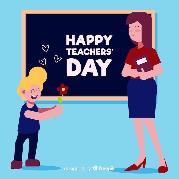 Плоский дизайн учителя с учеником, желающим счастливого дня учителя
