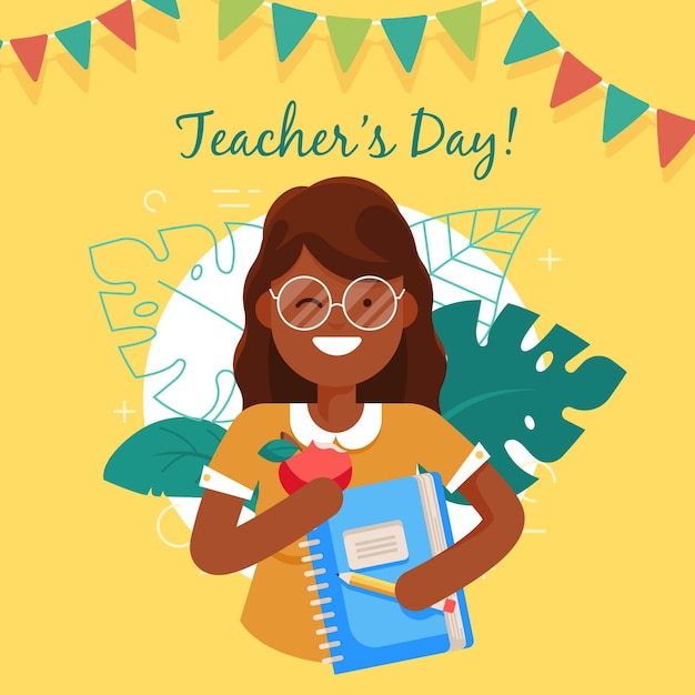 Free vector flat design teachers' day with woman and notebooknd