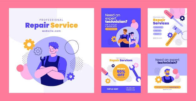 Free vector flat design tech repair instagram posts