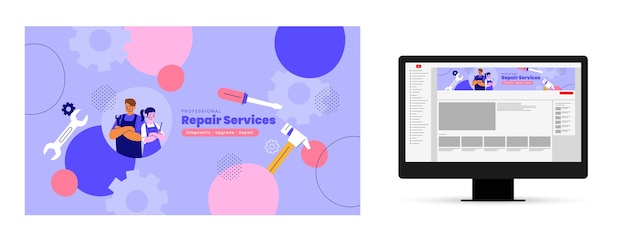 Vettore gratuito arte del canale youtube di riparazione tecnica di design piatto