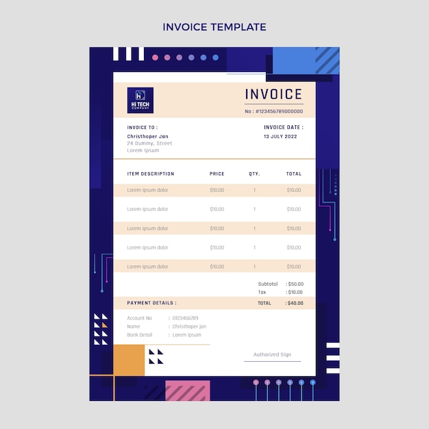 평면 디자인 기술 송장 템플릿