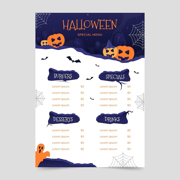 Бесплатное векторное изображение Плоский дизайн шаблона меню хэллоуина