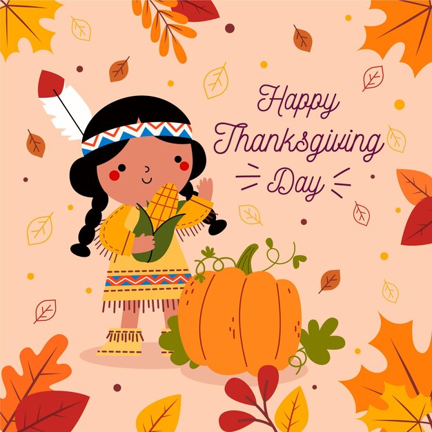 Flat design thanksgiving background with indian girl