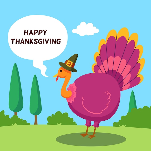 Flat design thanksgiving background with turkey and hat