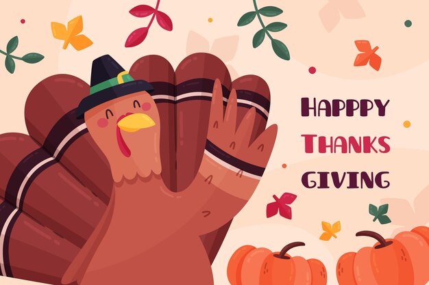 Flat design thanksgiving background with turkey and leaves