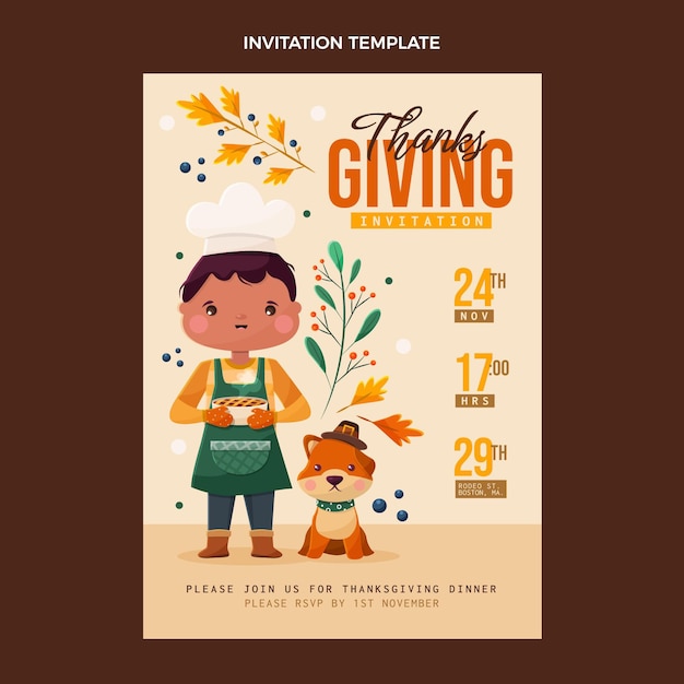 Flat design of thanksgiving invitation