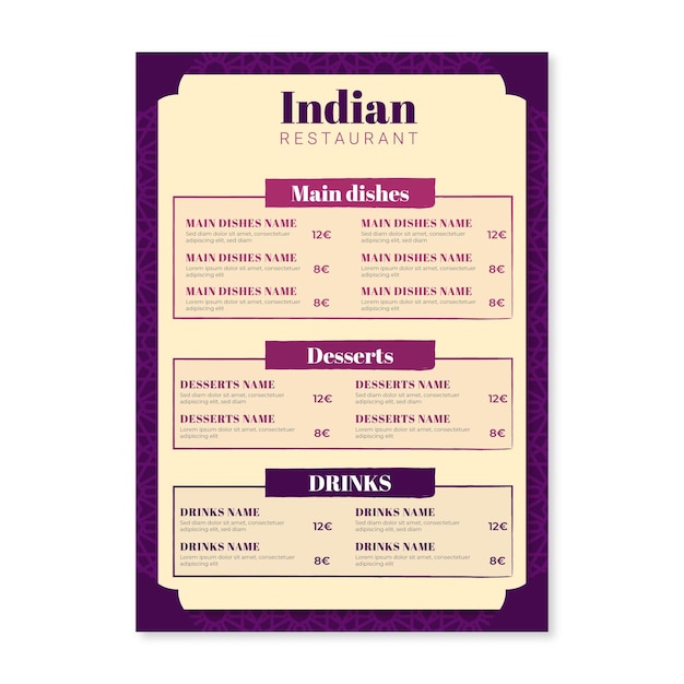 Free vector flat design traditional indian restaurant menu template