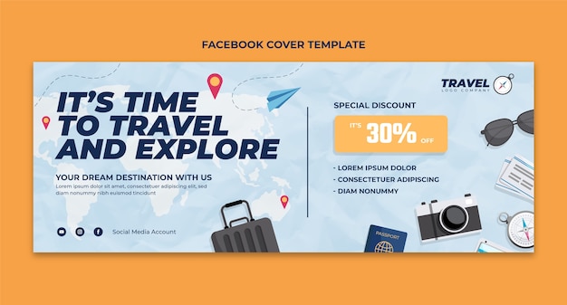 Vettore gratuito modello di copertina facebook per agenzia di viaggi design piatto