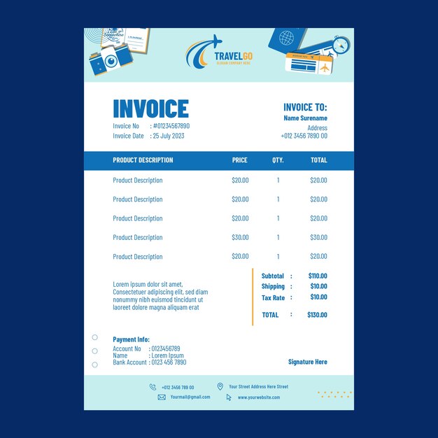Flat design travel agency invoice template