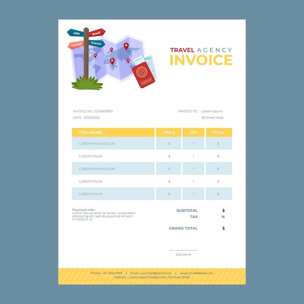 Flat design travel agency invoice