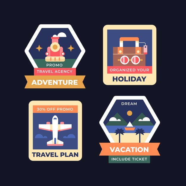 Flat design travel agency labels set