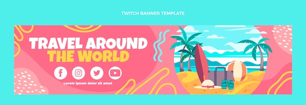 Free vector flat design travel around the world twitch banner