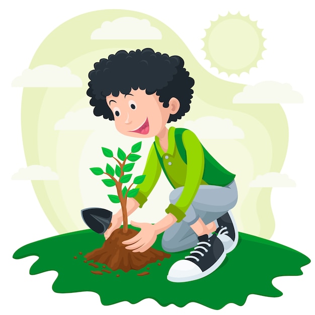 Flat design tree planting illustration