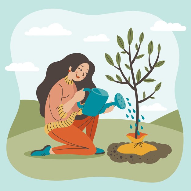 Flat design tree planting illustration