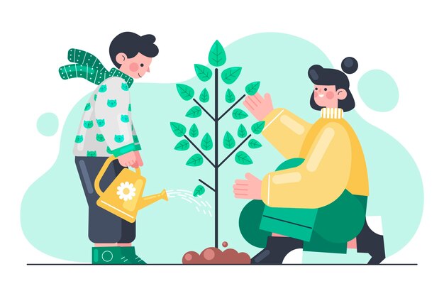 Flat design tree planting illustration