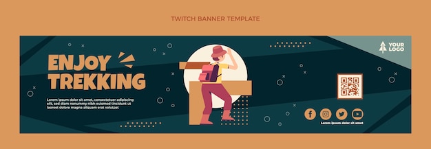 Flat design trekking twitch banner free vector download