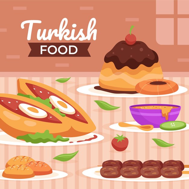 Плоский дизайн иллюстрации турецкой кухни