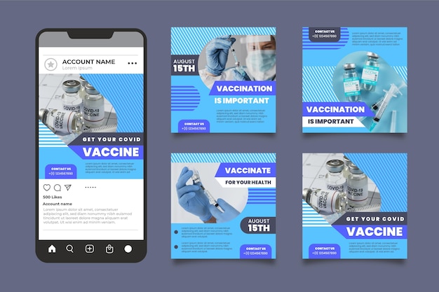 Vettore gratuito raccolta di post instagram vaccino design piatto