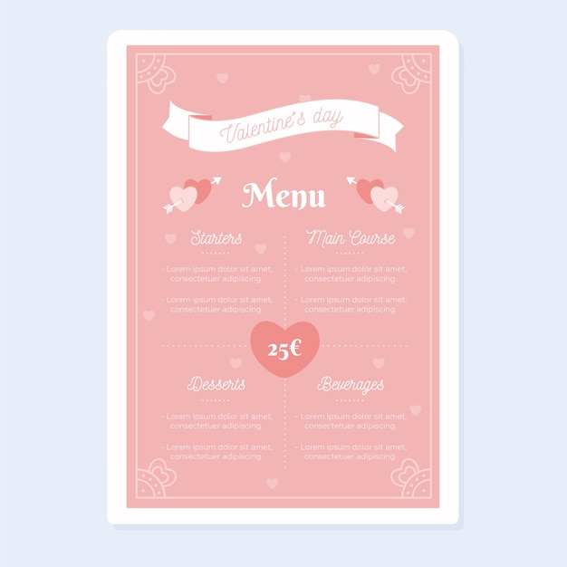 Vettore gratuito modello di menu di san valentino design piatto