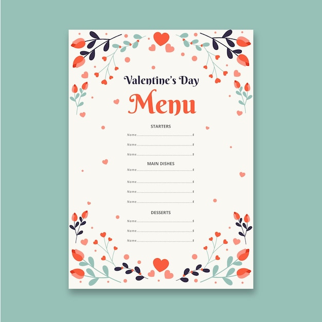 Modello di menu di san valentino design piatto