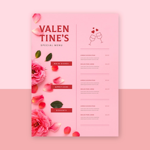 Flat design valentine's day restaurant menu template